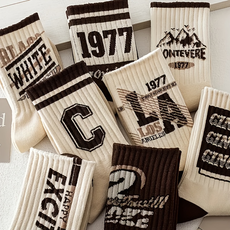 TEMU 5 Pairs Of Retro Graffiti Crew Socks For - Breathable, Comfortable Casual Socks With Vintage Lettering & Designs, Outdoor Activities, Cute Socks