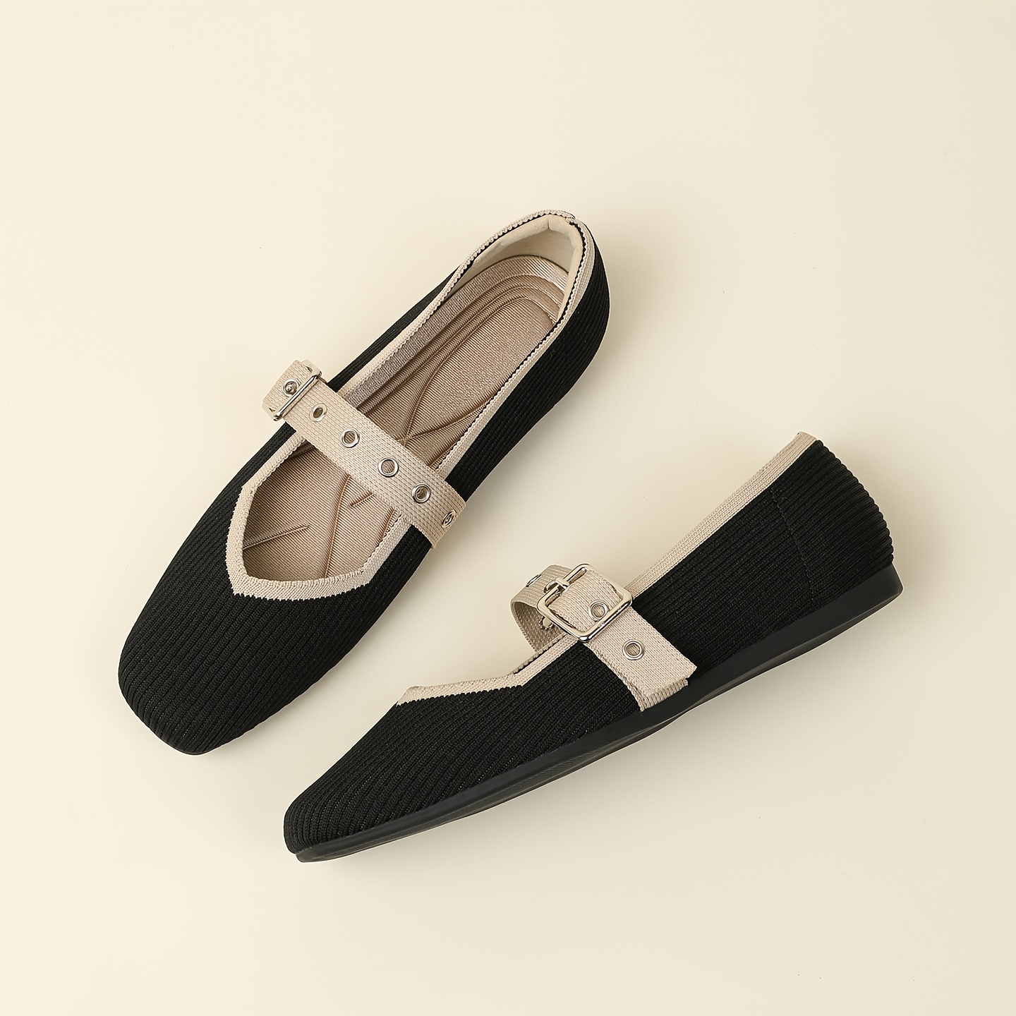 TEMU Vintage Square-toe Knit Shoes For Women, Breathable Knitted Flat Shoes, Versatile Soft-soled Comfortable Commuter Shoes, Women Shoes