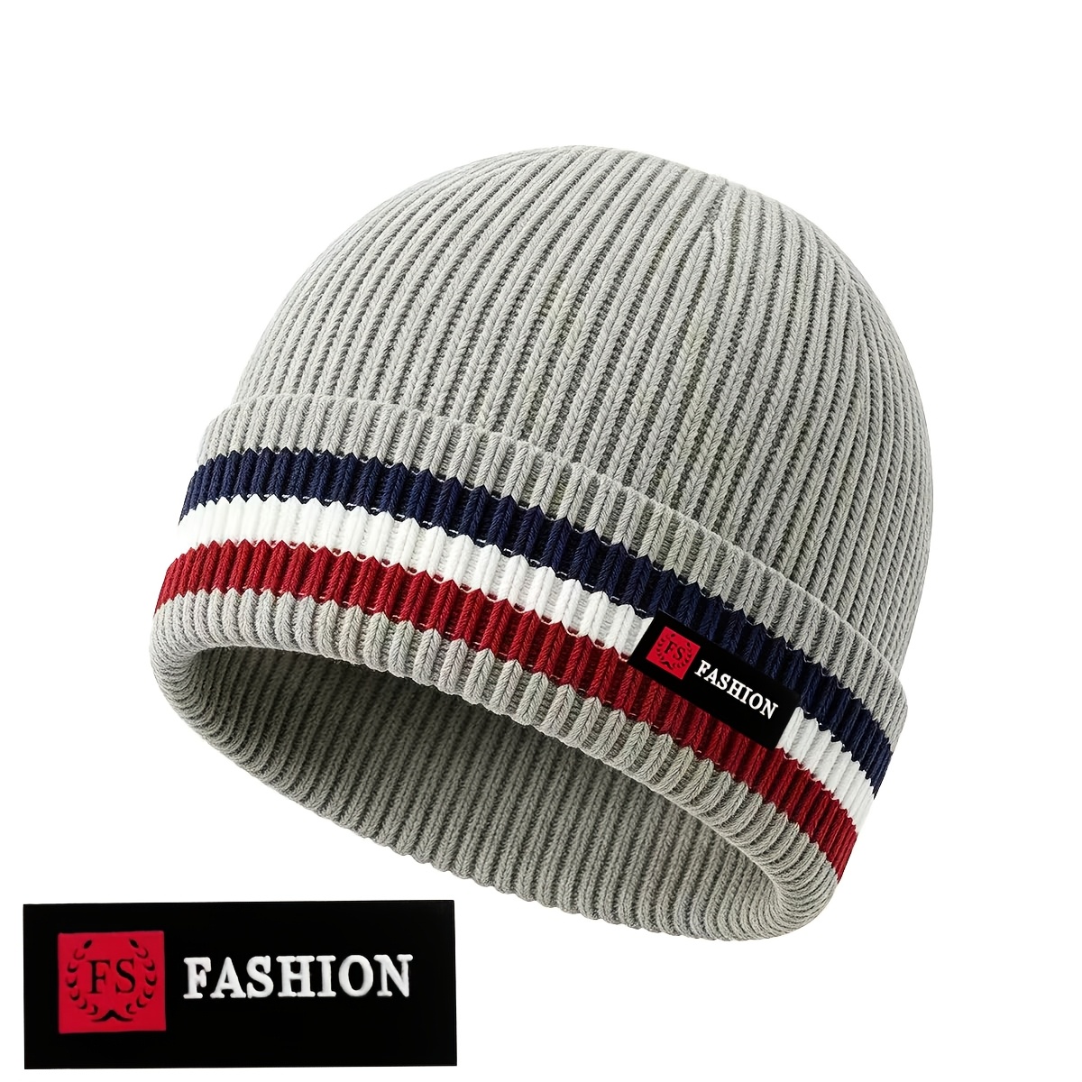 TEMU Men's Color-block Striped Edge Hat, Autumn/winter Vertical Ribbed Elastic Hat, Women's Easy Three-color Striped Round Top Hat , Unisex, Suitable