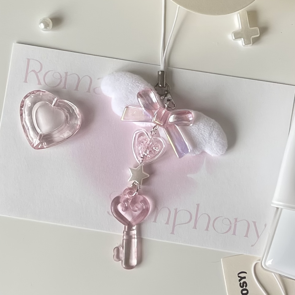 

Customizable Cheese Pink Keychain With Bow, Heart & Star Charms - Abs Resin Beaded Phone Lanyard Accessory