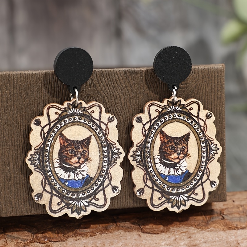Vintage Boho Wooden Drop Earrings with Cat Design