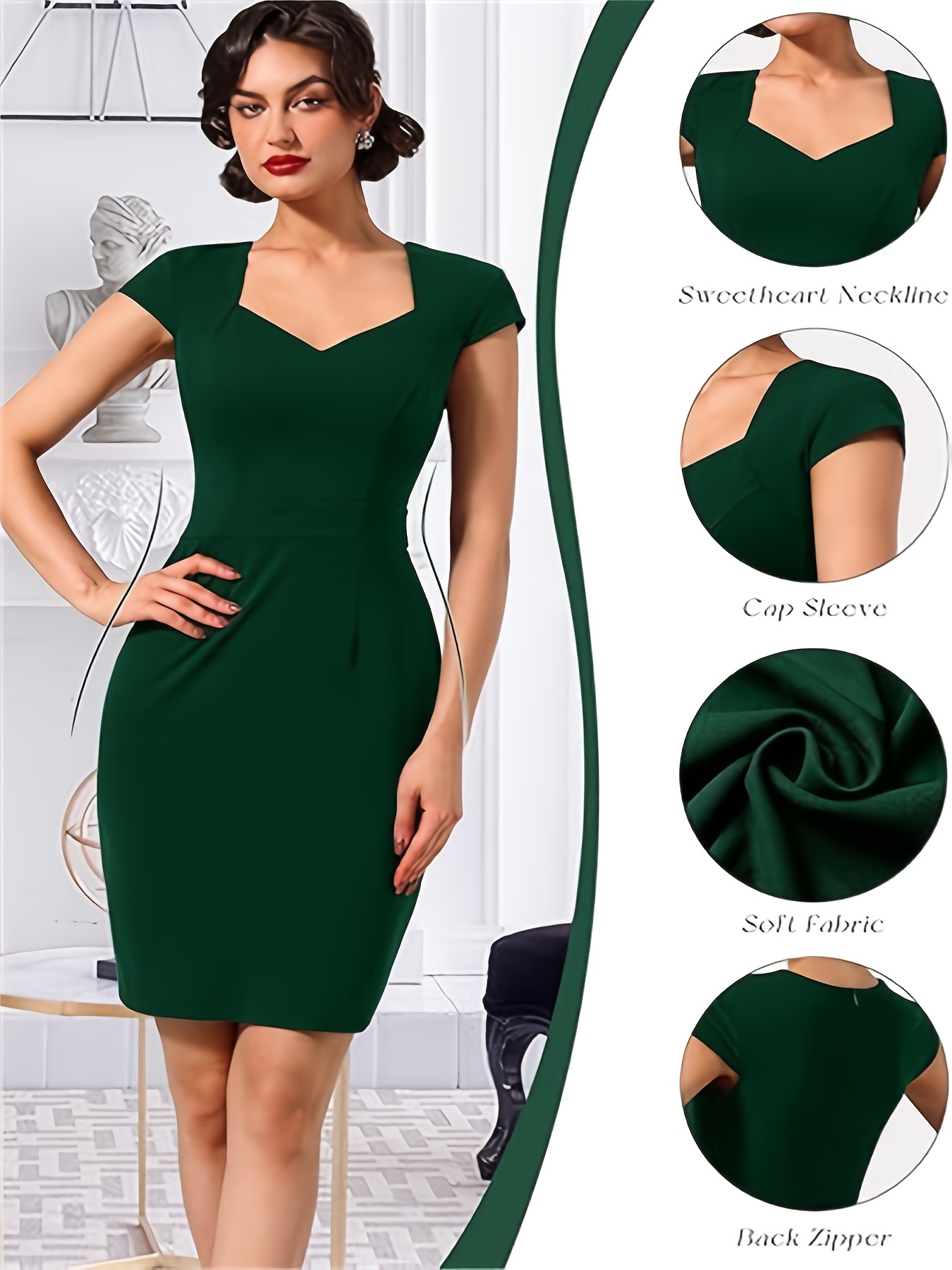 Women's Pencil Dresses Sweetheart Neckline Bodycon Dresses Short Sleeves  Business Dresses 50s Vintage Dresses