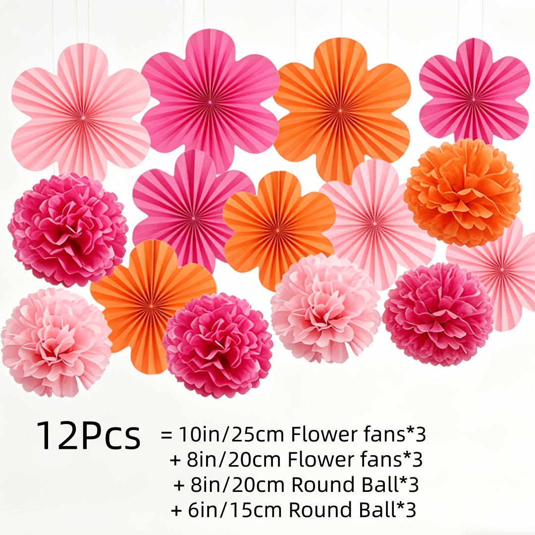 Image of 6/12pcs Paper Decoration Set – Pink- Paper Fans, Hanging Decor, Party Paper Pom Poms, And Floral Backdrop – Suitable For Weddings, Parties, Birthdays, Outdoor Decorations,for Christmas, Halloween