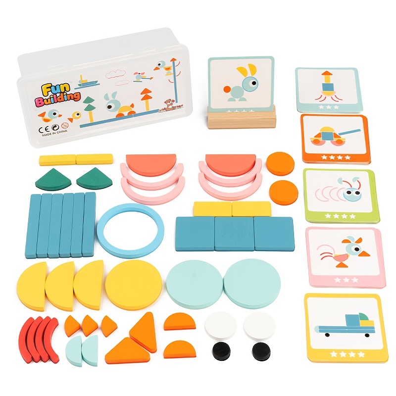 Children's Geometric Shape Puzzle Building Blocks, Wooden Educational Stacking Toy, Shape Matching Cognitive Training, Plastic Storage Box For Easy Organization, Birthday Gift, Christmas Gift