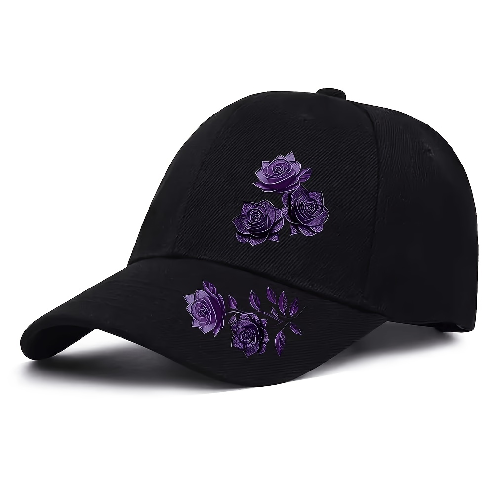 TEMU Purple Rose Brim Print 6-panel Baseball Cap, Unisex Lightweight Adjustable Sports Outdoor Casual Sun Hat, Urban Street Fashion Trendy Elegant