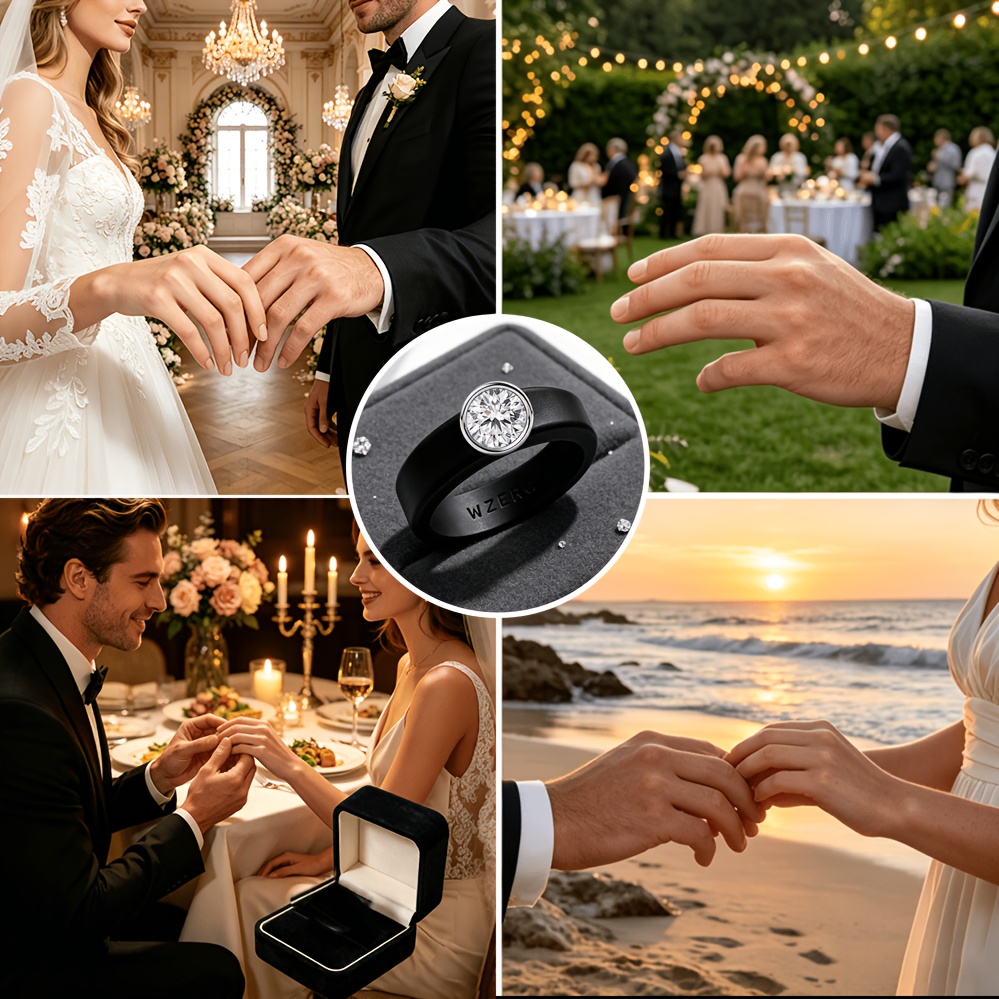 Round Zirconia Bezel-Set Silicone Ring for Men and Women