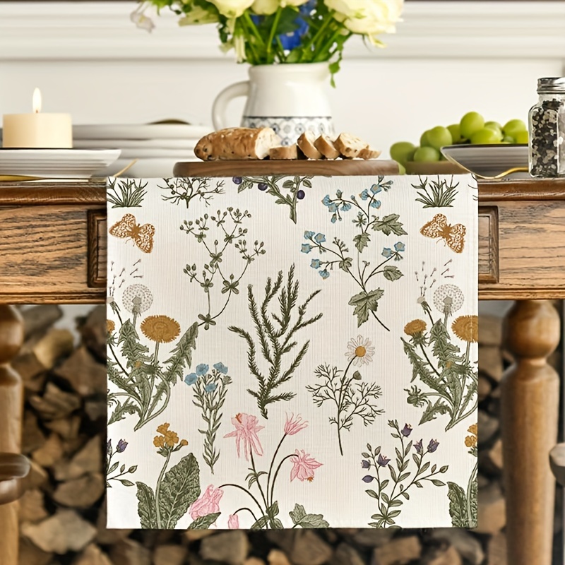 

1pc Rustic Linen Table Runner, Watercolor Wild Flowers & Butterflies, Farmhouse Kitchen Dining Table Decoration, Elegant Floral Design, Durable Home Decor