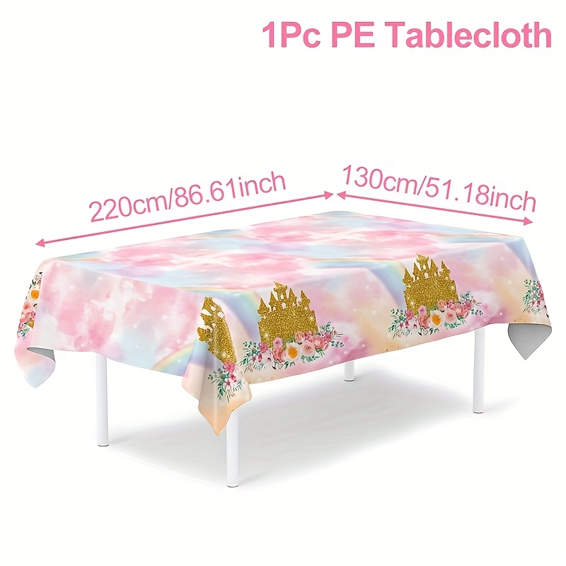 Image of 1pc 1pcs Disposable Princess Castle & Floral Rainbow Birthday Tablecloth Suitable For Princess Birthday & Baby Shower Party Decorations - Plastic Table Cover With , Table Decorations 51.1"x86.6"