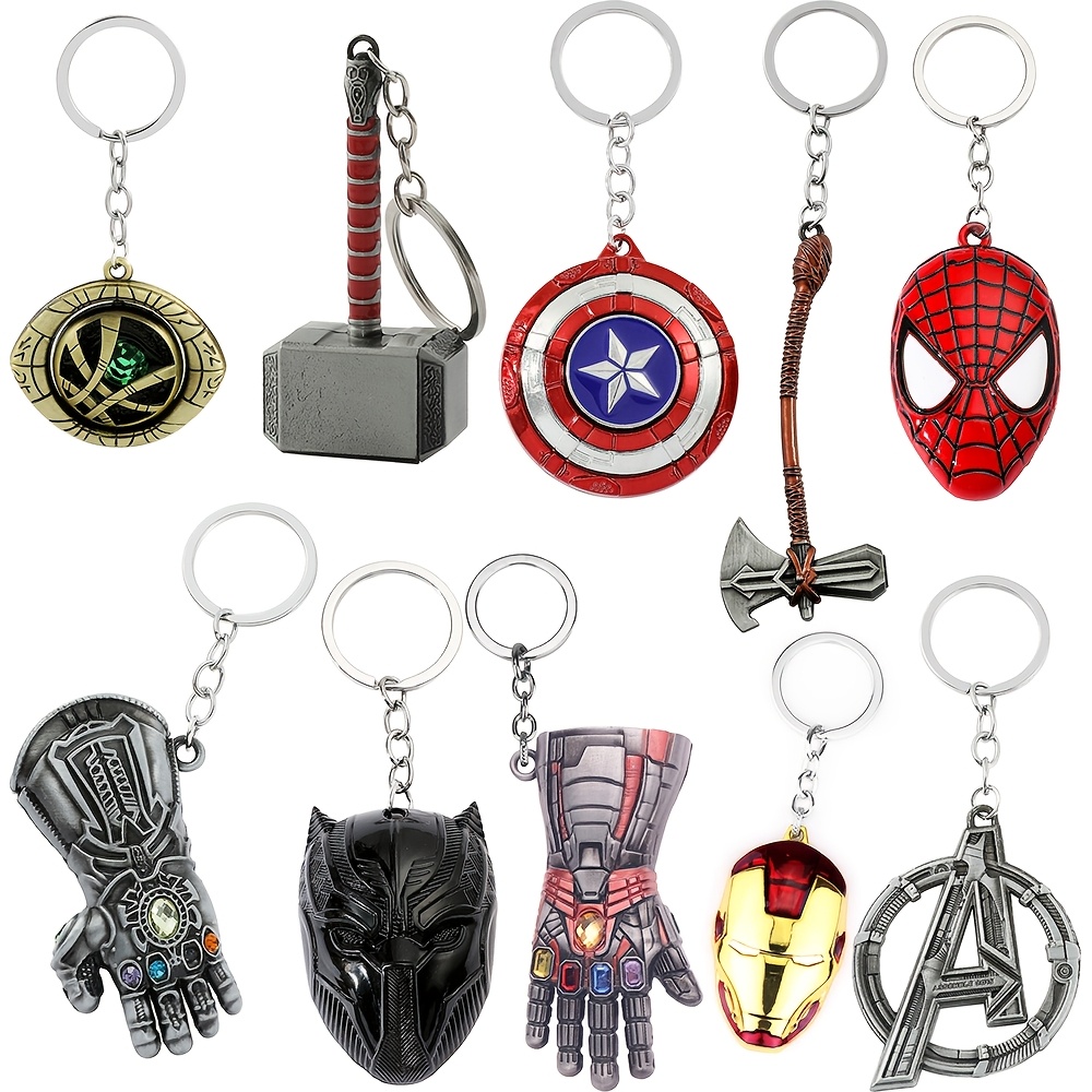 10pcs Avengers Superhero Keychain Set - Alloy Metal Pendant, Iron For Man , Thor Hammer, Captain America Shield, Spider-for Man Mask Key Ring, Creative Movie Fans Gift Accessories