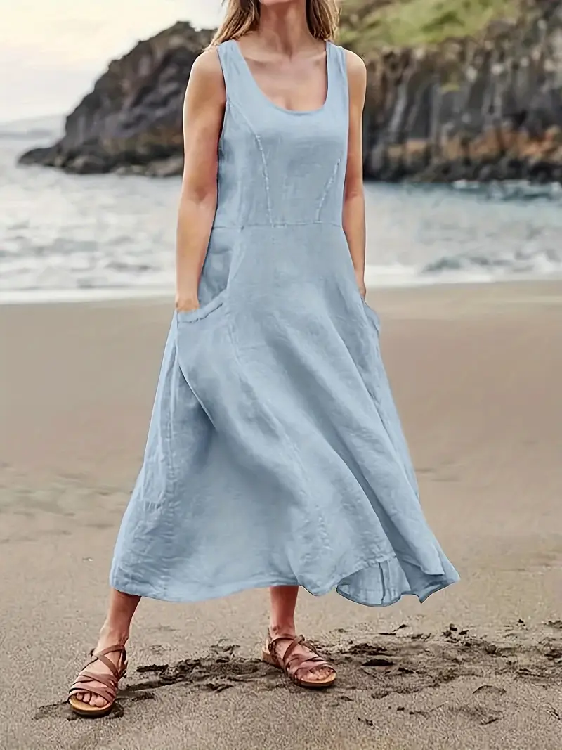 womens casual sleeveless cotton linen a line dress with pockets length round neck loose fit machine washable for spring summer fall summer fashion natural fabric details 8