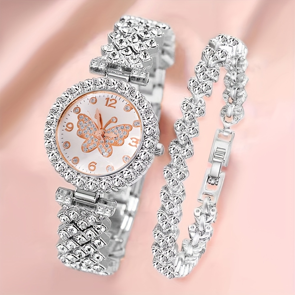 

2pc Autumn/winter New Elegant Style Women's Butterfly Quartz Watch+shining For Weddings, , Christmas, Valentine's Day, Ramadan, Gifts For Girlfriends, Mothers Eid Al Adha [middle Orientation]