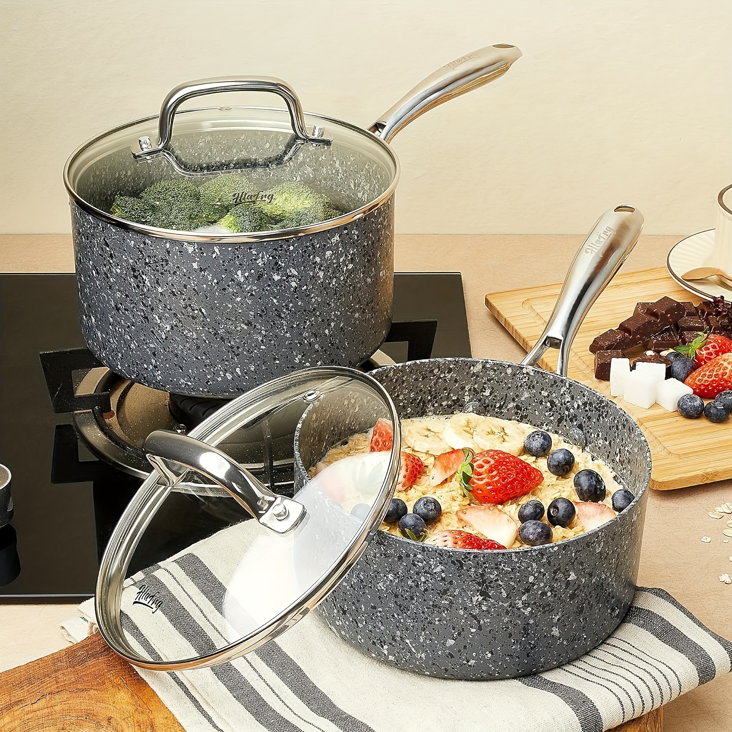 

Nonstick 2qt & 3qt Sauce Pan Set With Lid, Saucepan Set, Small Pot With Lid, Natural Granite Nonstick Saucepan Set, Small Sauce Pots, Grey Pot Set For All Stove