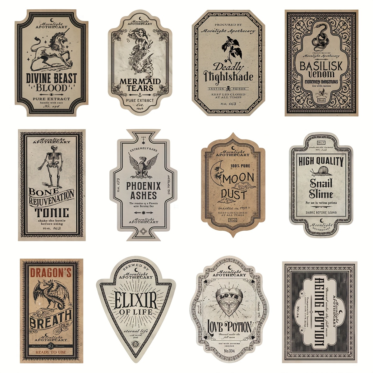 Image of 12pcs Gothic Witch Apothecary Bottle Stickers, Vintage Potion Label Decals With Basilisk , Dragon's Breath & Moonlight Dust Designs, Halloween Party Favor, Craft & Witchy Gift Wrapping Supplies