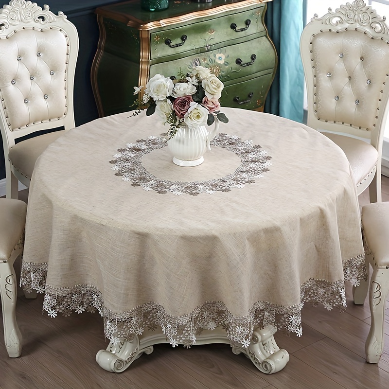 elegant lace trimmed round tablecloth for   solid color woven linen and polyester blend machine made round christmas home decor ideal for wedding and dinner parties bohemian style table cover