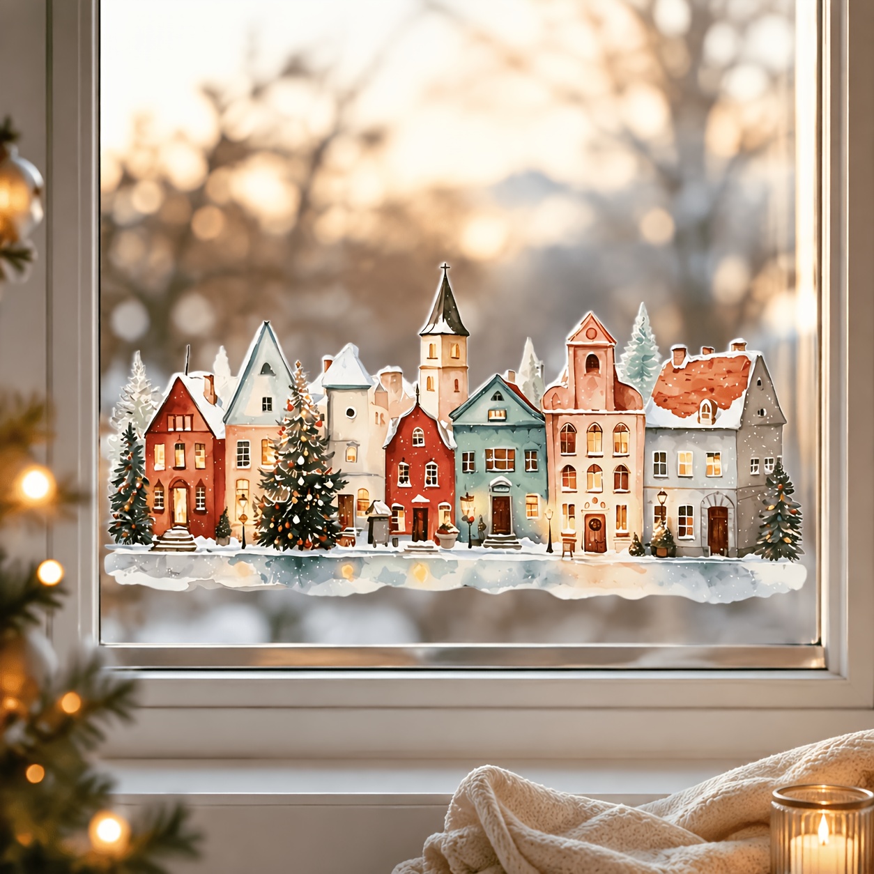 TEMU 1pc European-style Snowy Town Christmas Village Window Cling, Snowy Room Lamp Window Sticker, Christmas-themed Glass Decorative Pattern,