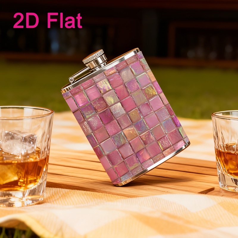 TEMU Bouteille de 8Oz en acier inoxydable 304, motif de carreaux mosaïque rose iridescent plat 2D, portable pour randonnée, sports et fêtes