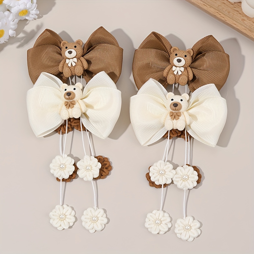 Set Of 4 Adorable Bear-themed Hair Clips For - Beige And Brown Hairpins Featuring Tassels, Use