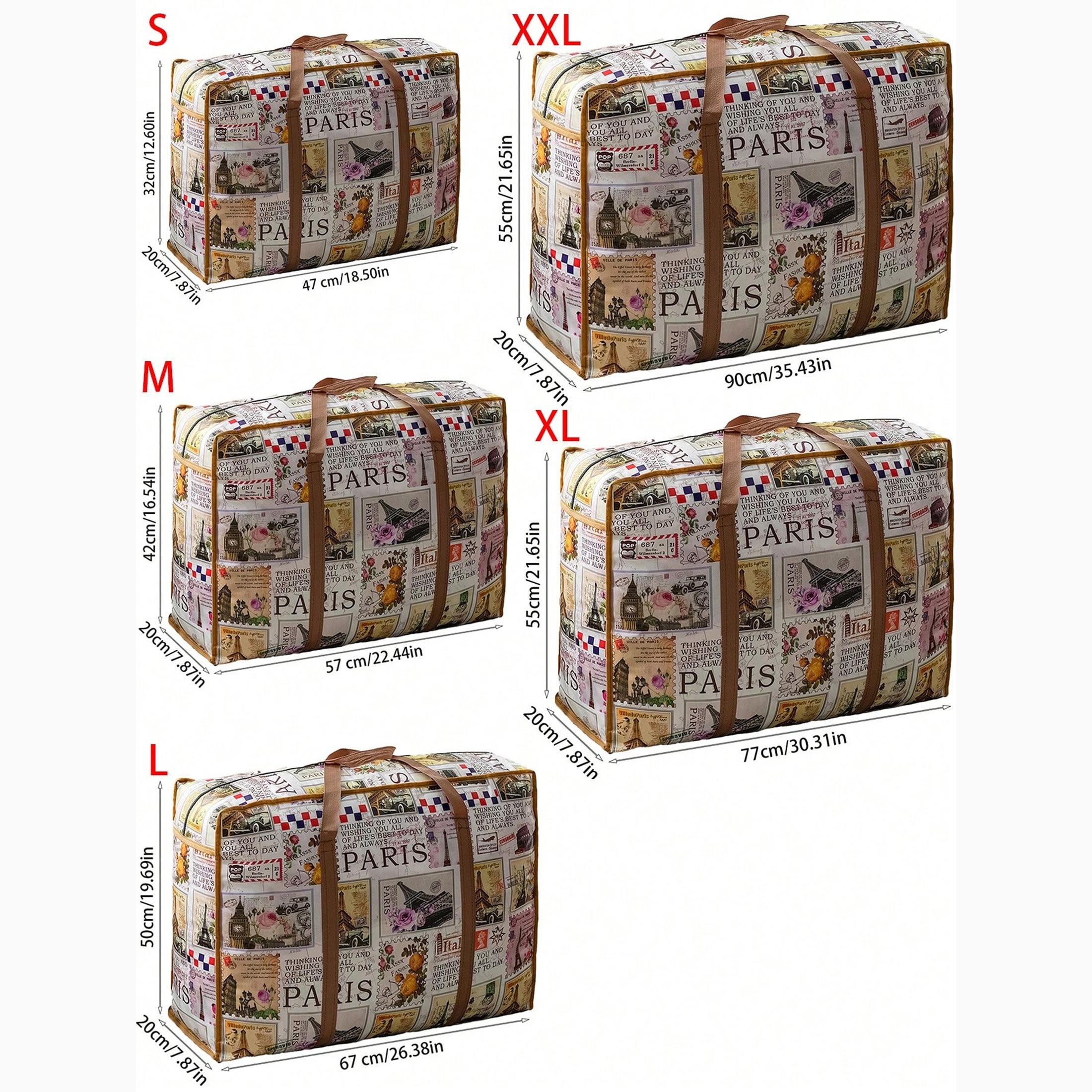 1pc Vintage Fabric Foldable Storage Bag, Dark Brown, with Strong Zipper and Handle, Space-Saving, HEART LEAF Brand, with Random Printing and Edge Paint, for Moving, Travel, Back to School