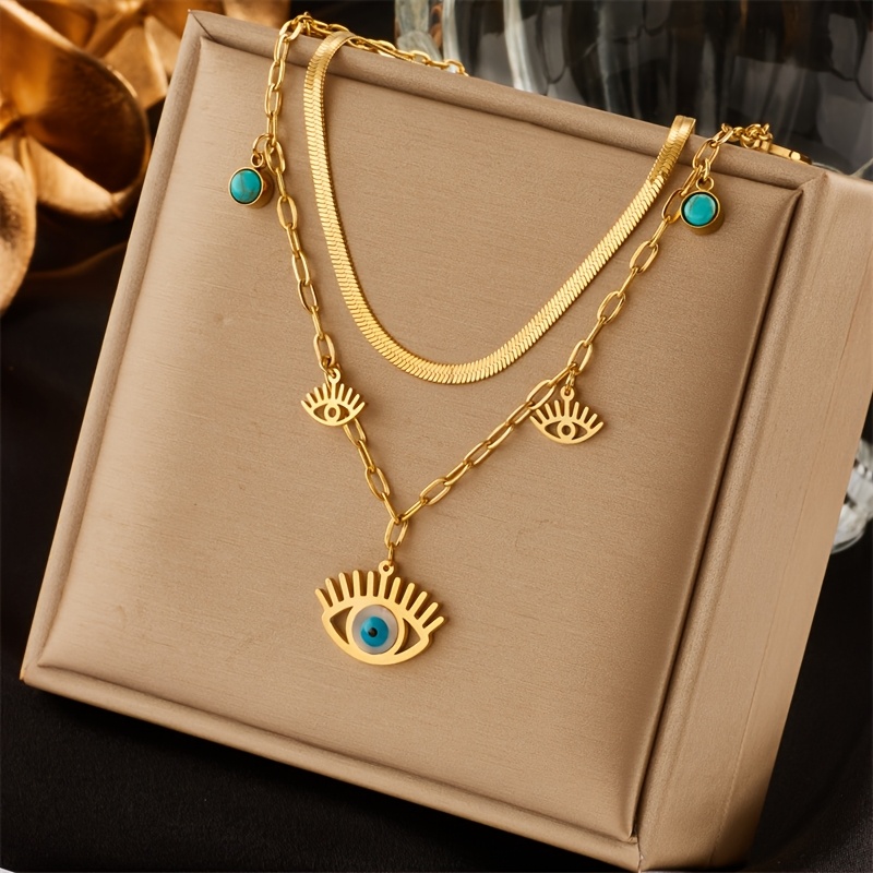 Image of 1pc Golden Stainless Steel Necklace For Men And Women Light Luxury Elegant Niche Design Eye Pendant Suitable For Daily Wear And As A Gift