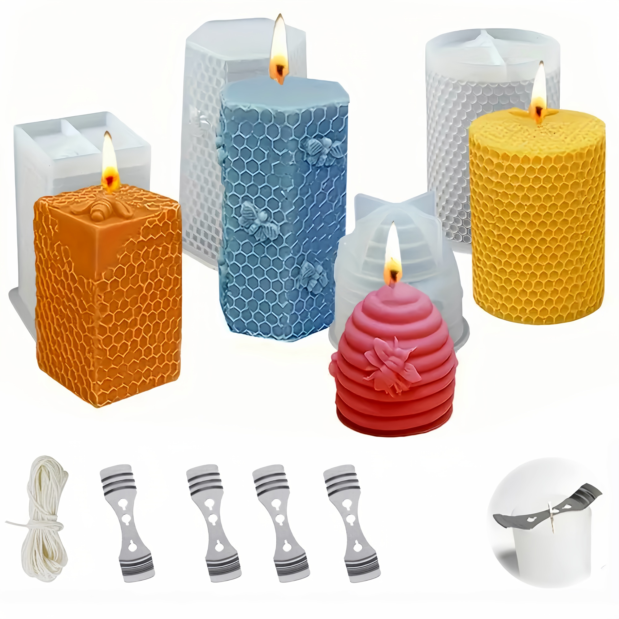 

4pcs Honey Rose Silicone Candle Mold Set, 3d Honeycomb Design, Diy Candle Making Kit With Wax Molds And Wicks For Round And Cube Shapes