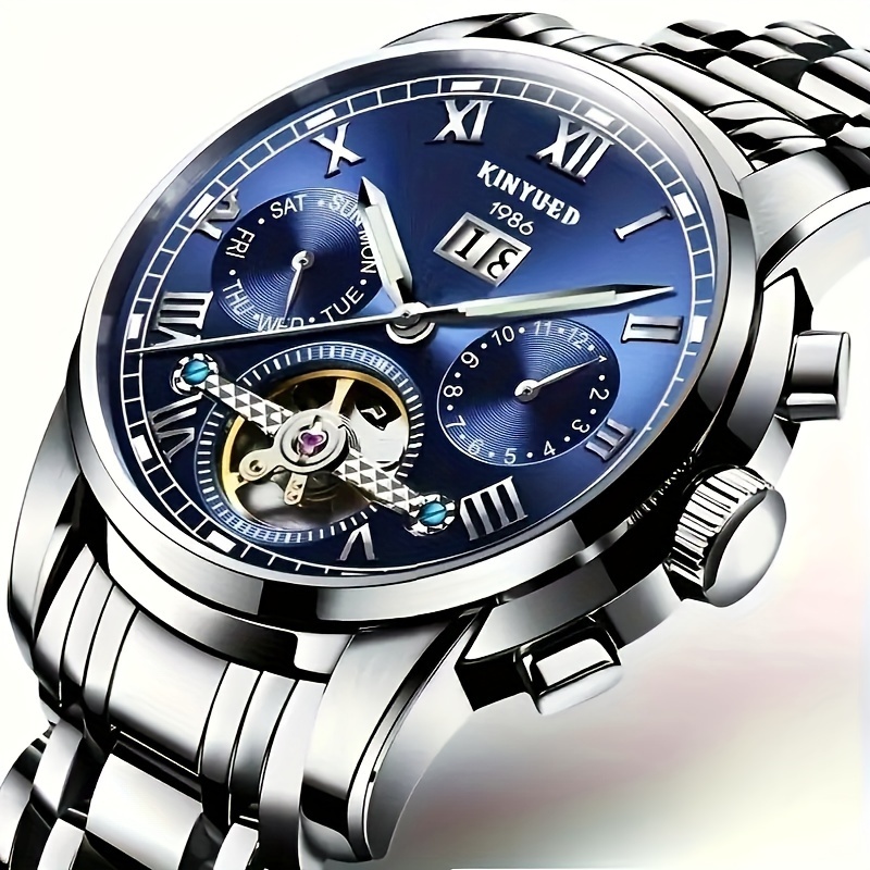 [kinyued]men's Multi Function Automatic Mechanical Watch, Stylish Sports See Through Skeleton Dial, Gift