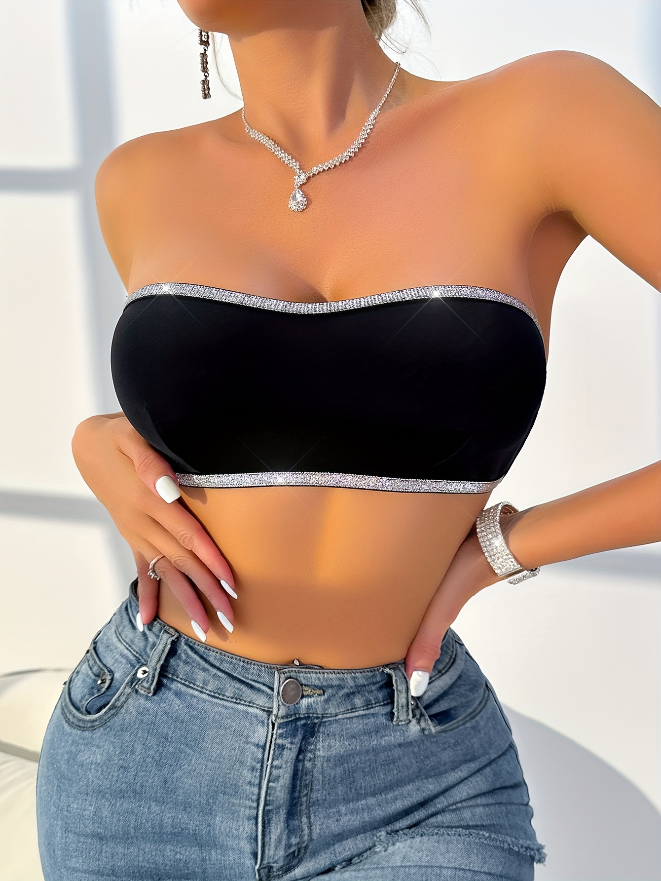 1pc Women'S Sexy Strapless Backless Bra with Silver Rhinestone Detail, Solid Color, Knit Fabric, Polyamide Material, Adult No Padding Wireless Chest Pad