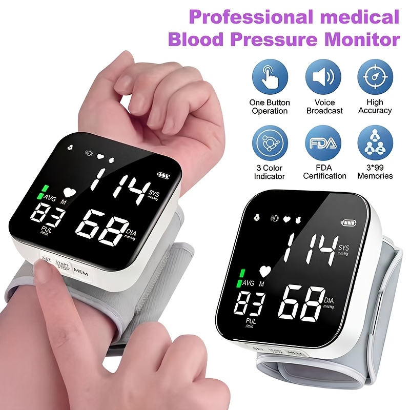 automatic wrist blood pressure monitor with large lcd screen   pressure cuff with   detector heart rate   meter memory storage powered batteries not included adjustable cuff   ideal for seniors