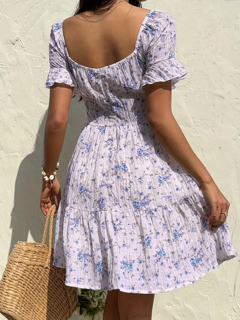 summer short dresses with sleeves Zpanxa Summer Dresses for Women Fashion Summer Casual Solid Square Collar Short Sleeve Fold Mini Dress Black M