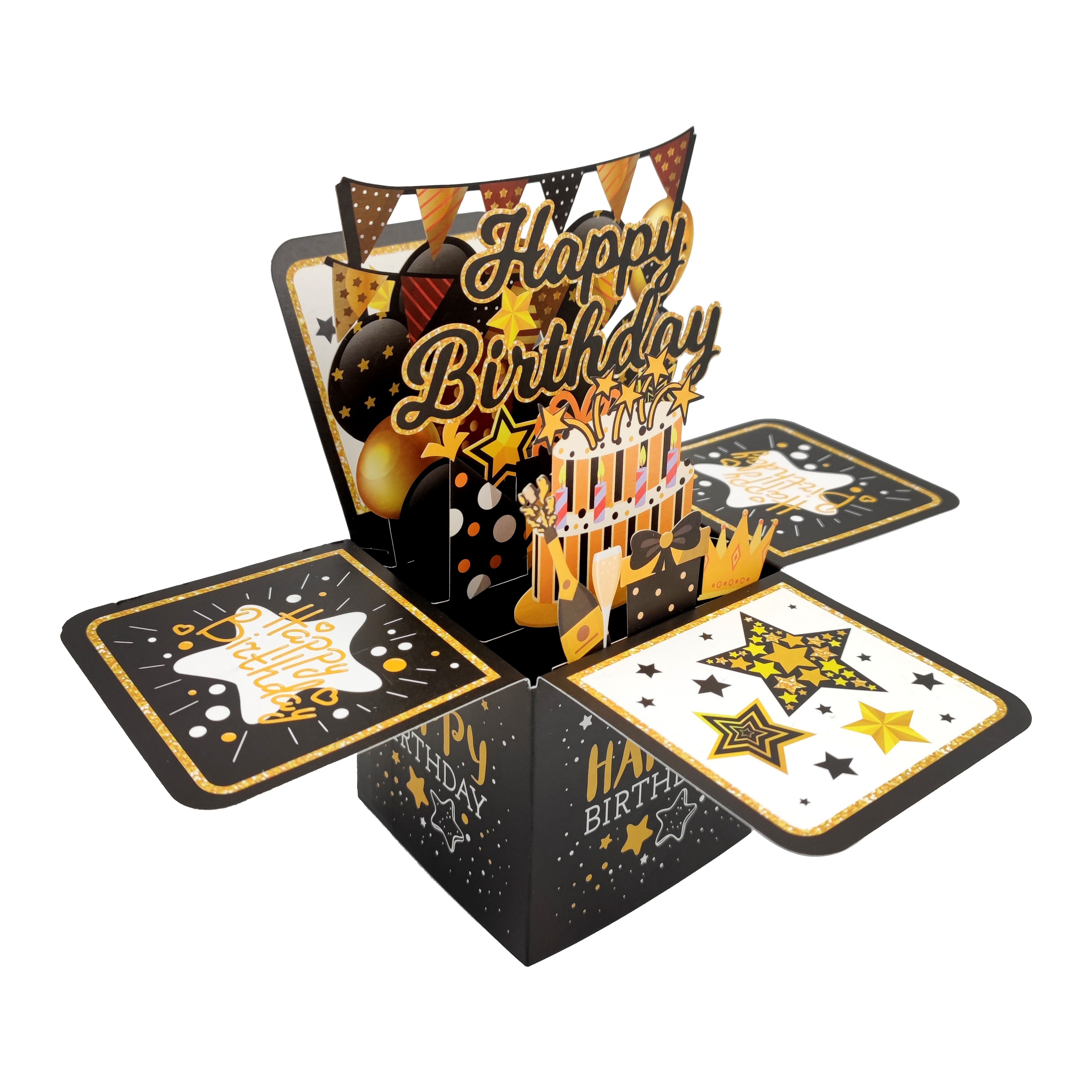 

1pc, Black Golden Happy Birthday Pop Up Card, Birthday Card With Paper And Envelope, Birthday Gift For Husband, Wife, Men, Women, 3d Pop Up Birthday Card
