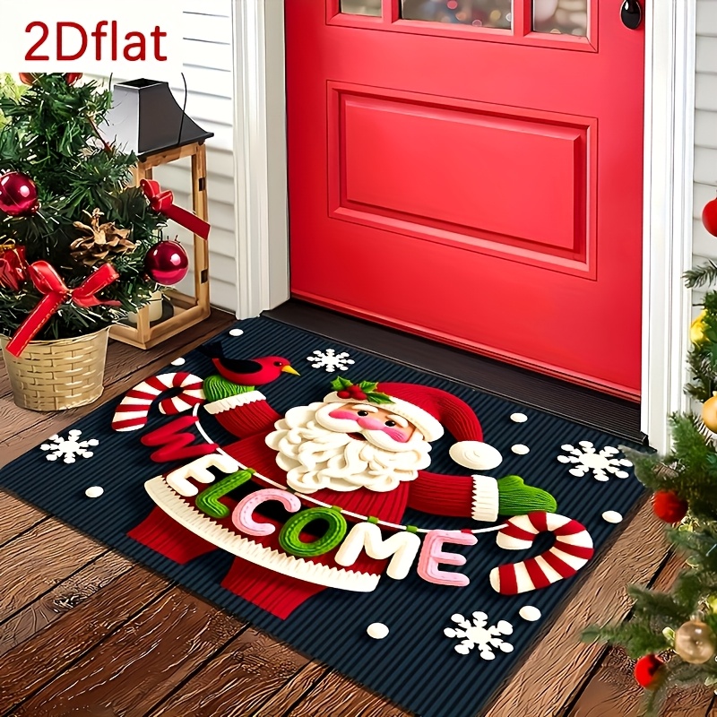 TEMU 1pc 2d Flat Doormat With Cute Santa Claus Pattern, Flannel Material, Machine Washable Comfortable Mat, Suitable For Bathroom, Bedroom, Living