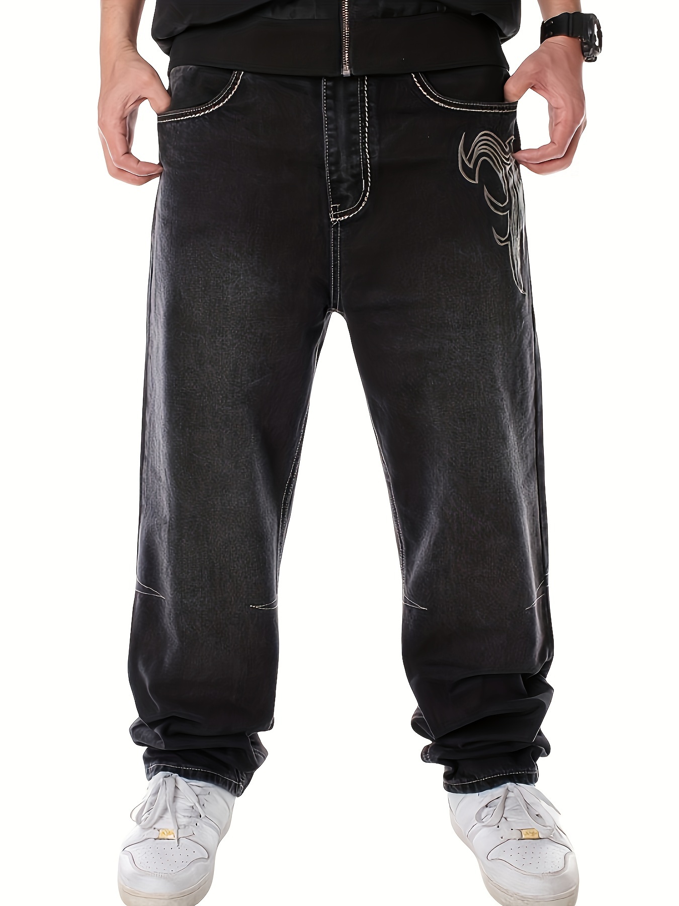 mens embroidered skeleton wings jeans hip hop street dance Temu