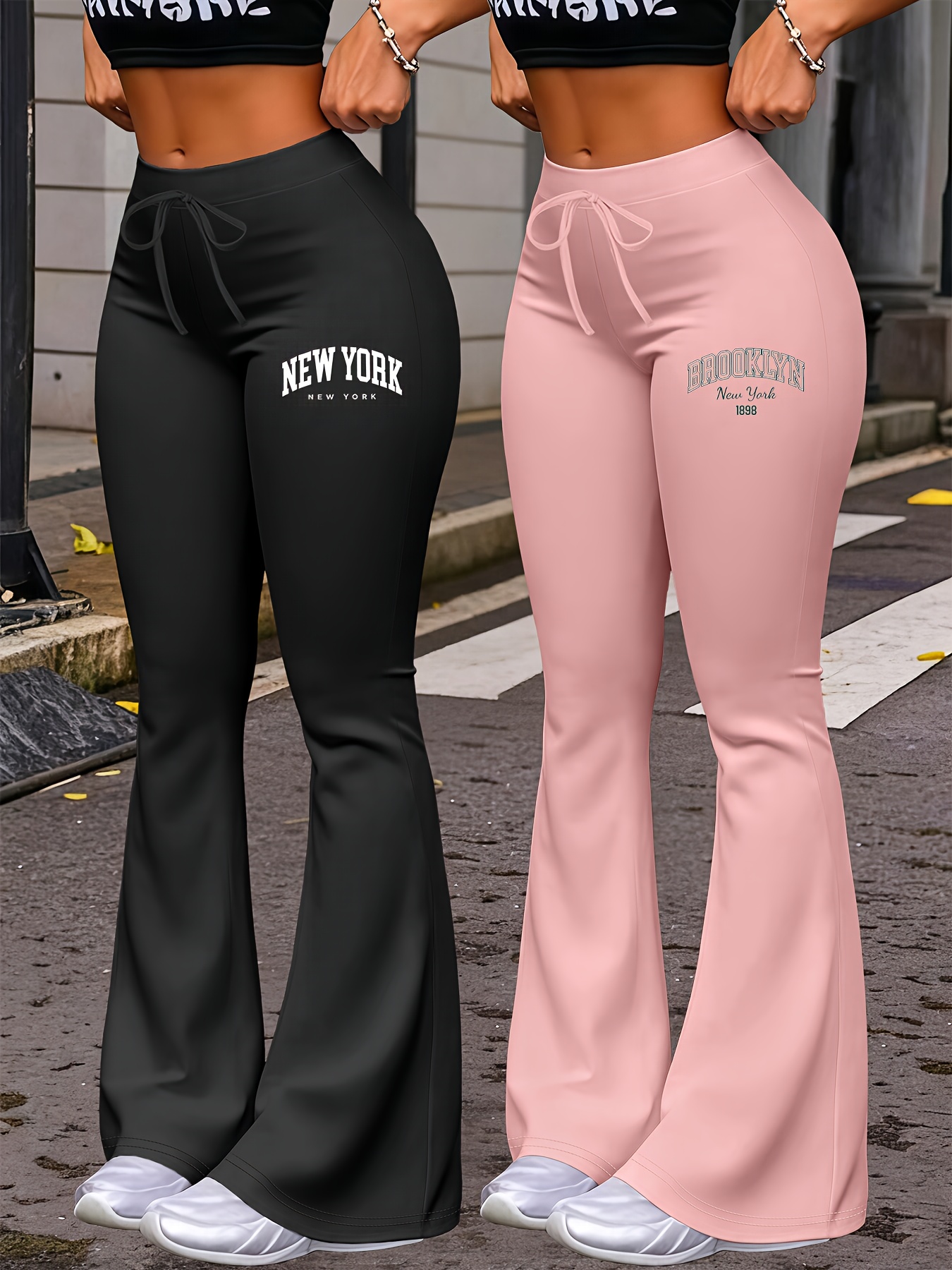 New Autumn Women's Clothing from Europe and America, NEW YORK & BROOKLYN Letter Print, Daily Casual Wear, Two-Pack of Comfortable Slim-Fit Stretch Tapered Straight-Leg Pants with Drawstring Waistband