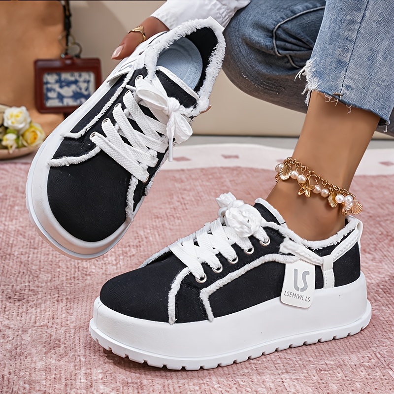 TEMU Vintage Wide- Casual Women' S Skateboarding Sneakers With Frayed Edges And Thick Soles, Round-toe Lace-up Thick-soled Casual Shoes, Breathable