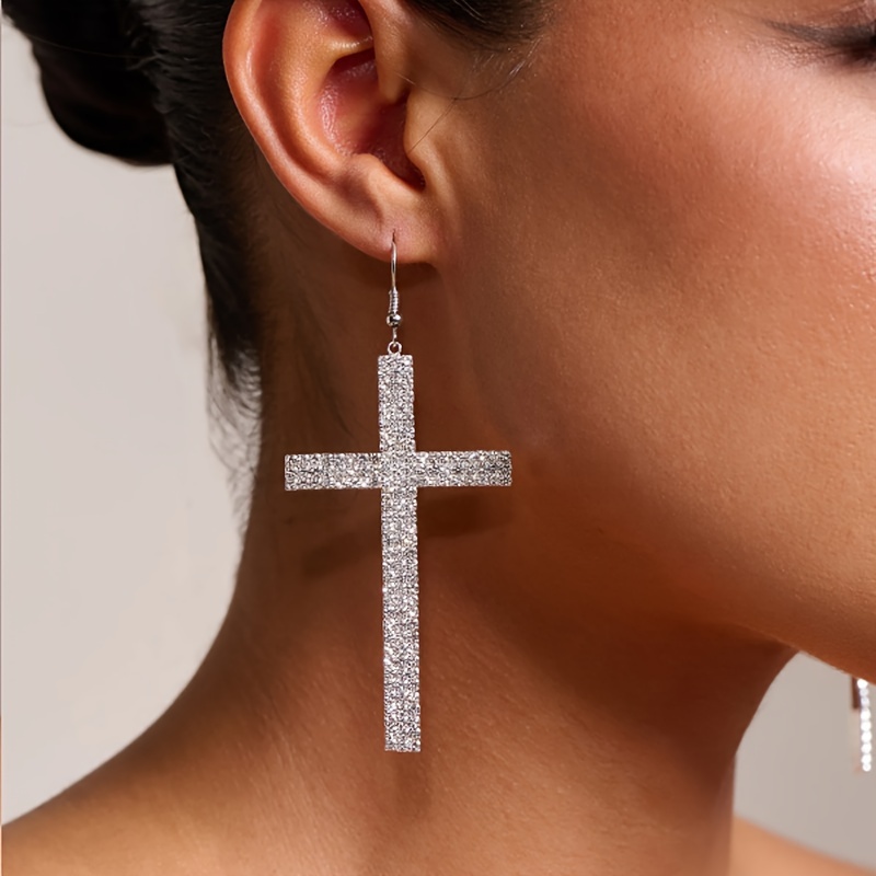 

Minimalist Style Drop Earrings Sparkling Cross Design Paved Shining Rhinestone Silvery Or Golden Pick A Color U Prefer