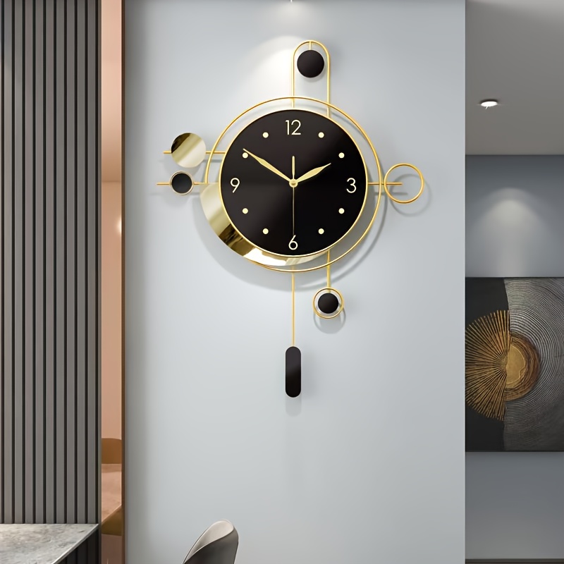 TEMU Modern Geometric Wall Clock - Golden Metal Frame, Black Accents, Silent Non-ticking, Artistic Pendulum Design, Living Room, Entryway, Bedroom,