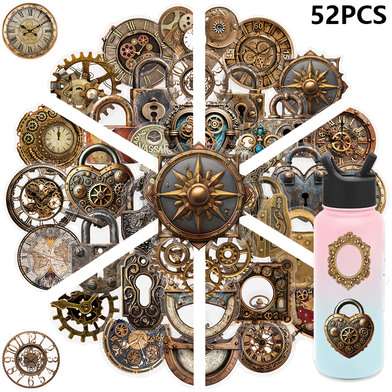 Image of Set Of 52 New Transparent Vintage Punk Stickers - Lock, Key, Gear, Clock Metal-look Decals For Scrapbooking, Diary, Phone, Laptop, Water Bottle, Guitar - Holiday Gift