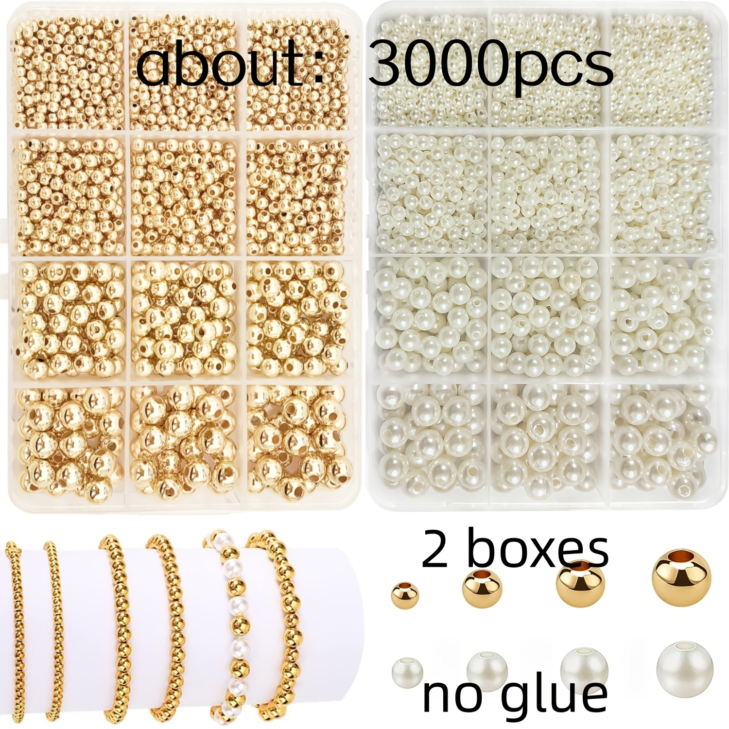 TEMU Set van 1 met ongeveer 3000 gladde gouden en witte kralen, lijmvrij, met 3/4/6/8mm tussenkralen, geschikt voor doe-het-zelf-armbanden, kettingen
