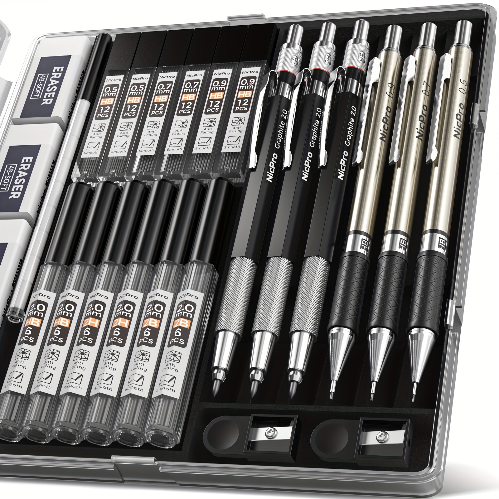 

Nicpro 6pcs Art Mechanical Pencil Set In Leather Case, Metal Drafting Pencil 0.5mm & 0.7mm & 0.9mm & 2mm Graphite Lead Holder (2b Hb 2h) For , Sketching Drawing With Lead Refills Case