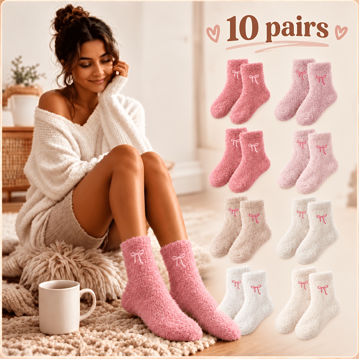 TEMU 10 Pairs Women's Fuzzy Socks, Soft Warm Plush Crew Socks, Cute Bow Socks For Fall Winter