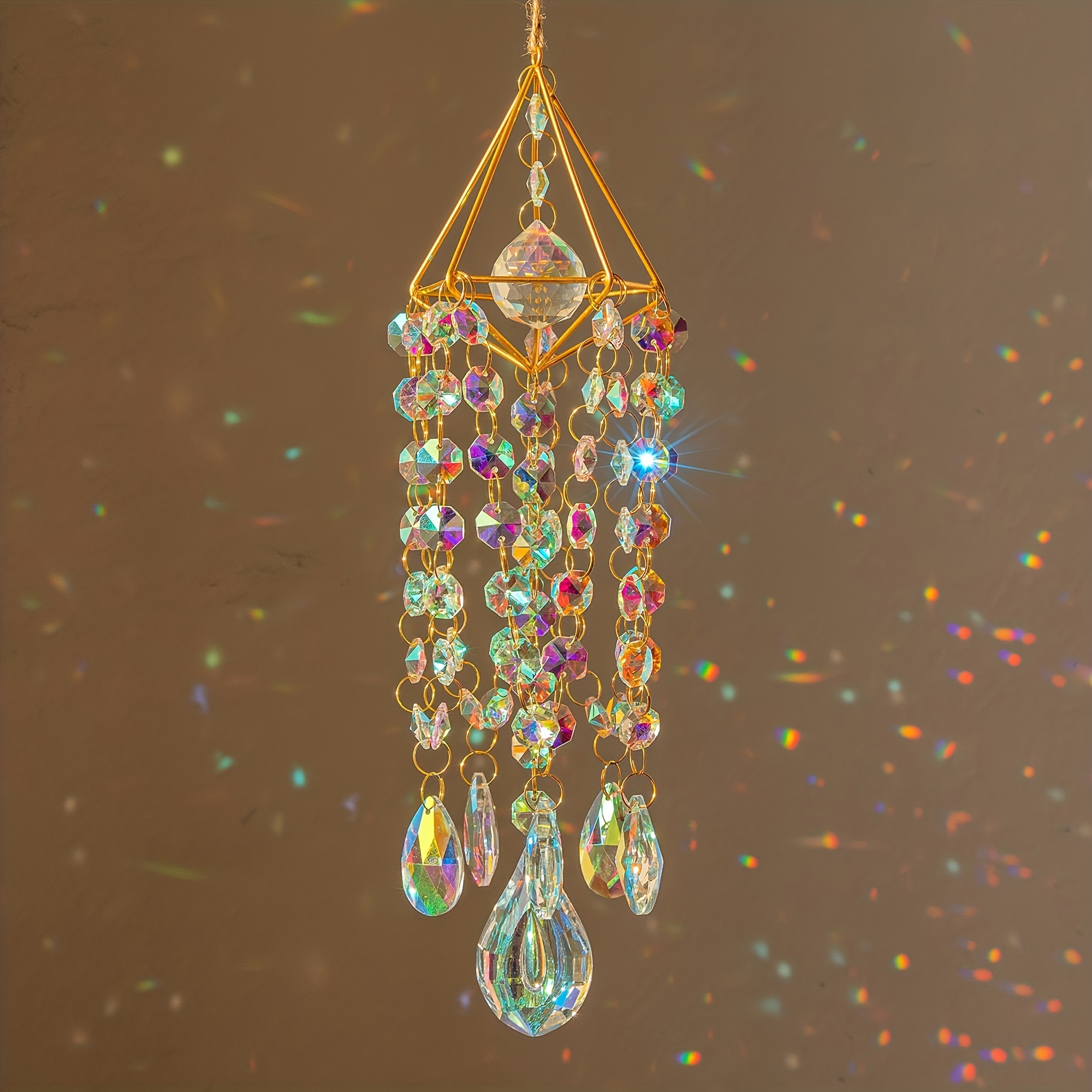 

Handmade Gold Crystal Suncatcher Hanging Wind Chime, Garden Rainbow Maker With Glass Beads, Decorative Sun Catcher For Outdoor Patio Display