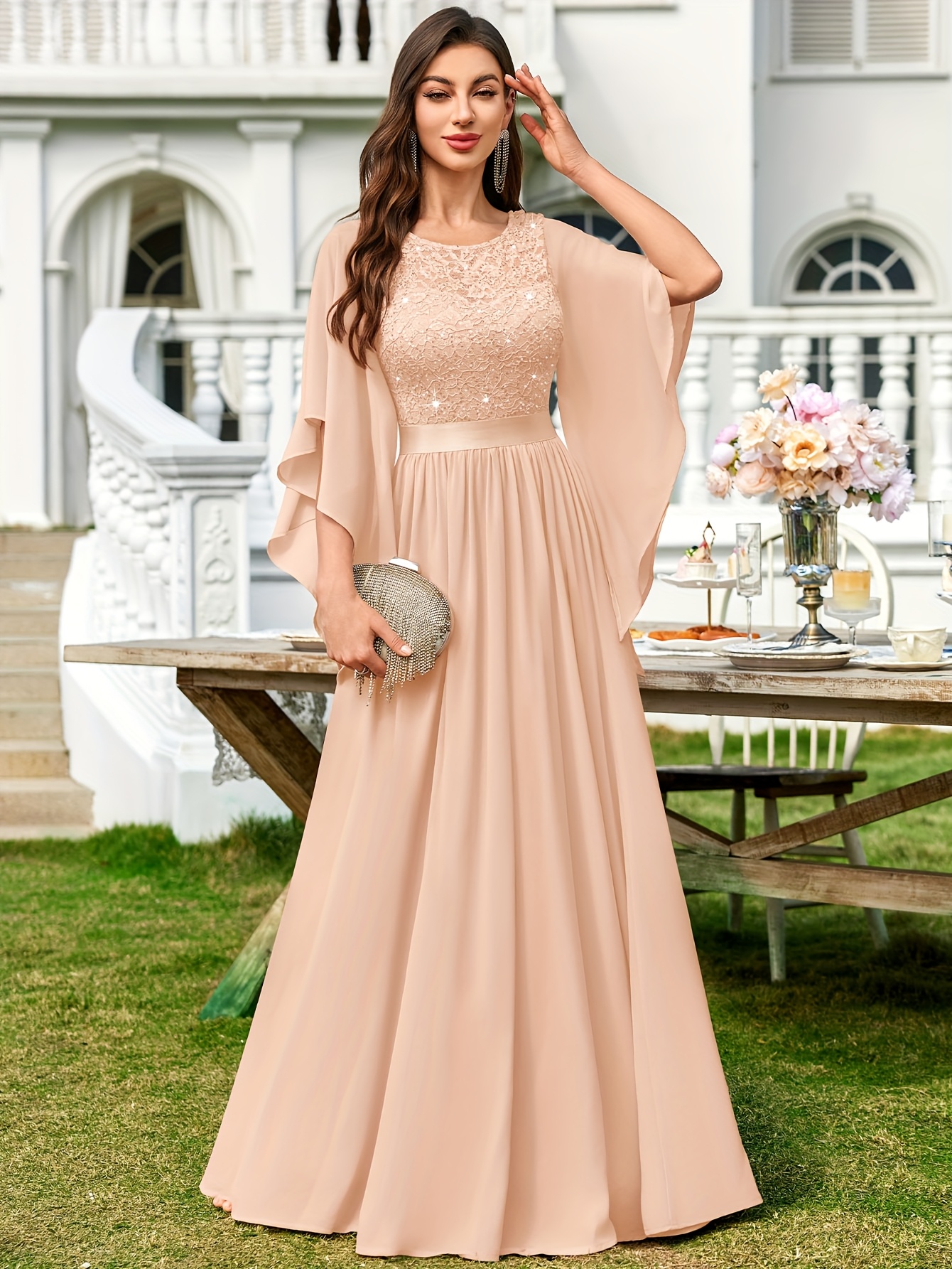 green emerald velvet dress Cape-Sleeved Long Formal Gown with Sequins main image 0
