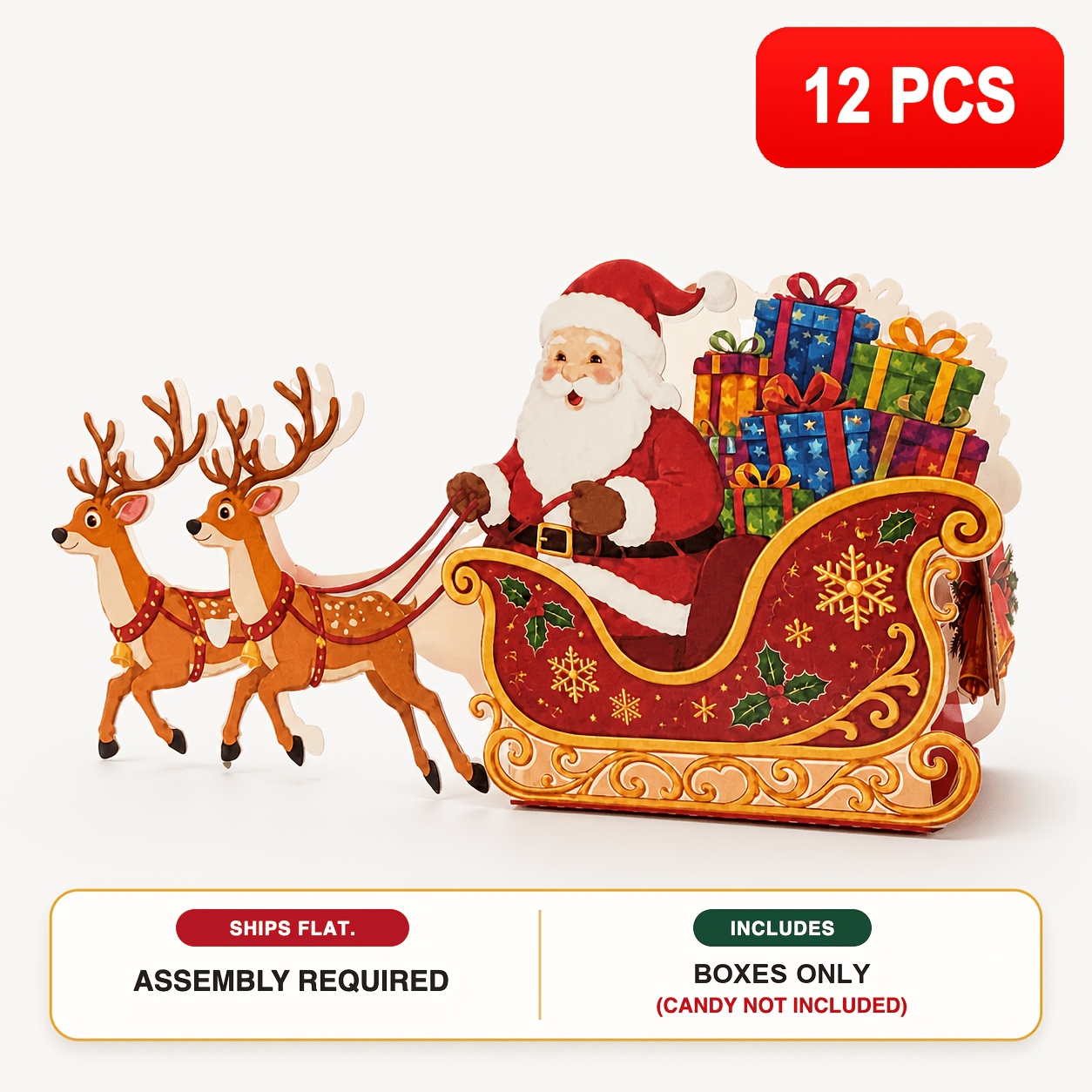 TEMU Lot de 12 boîtes à bonbons de Noël de traîneau, boîtes à dessert plates en papier avec le Père Noël et 2 , parfaites pour les fêtes d'année, les