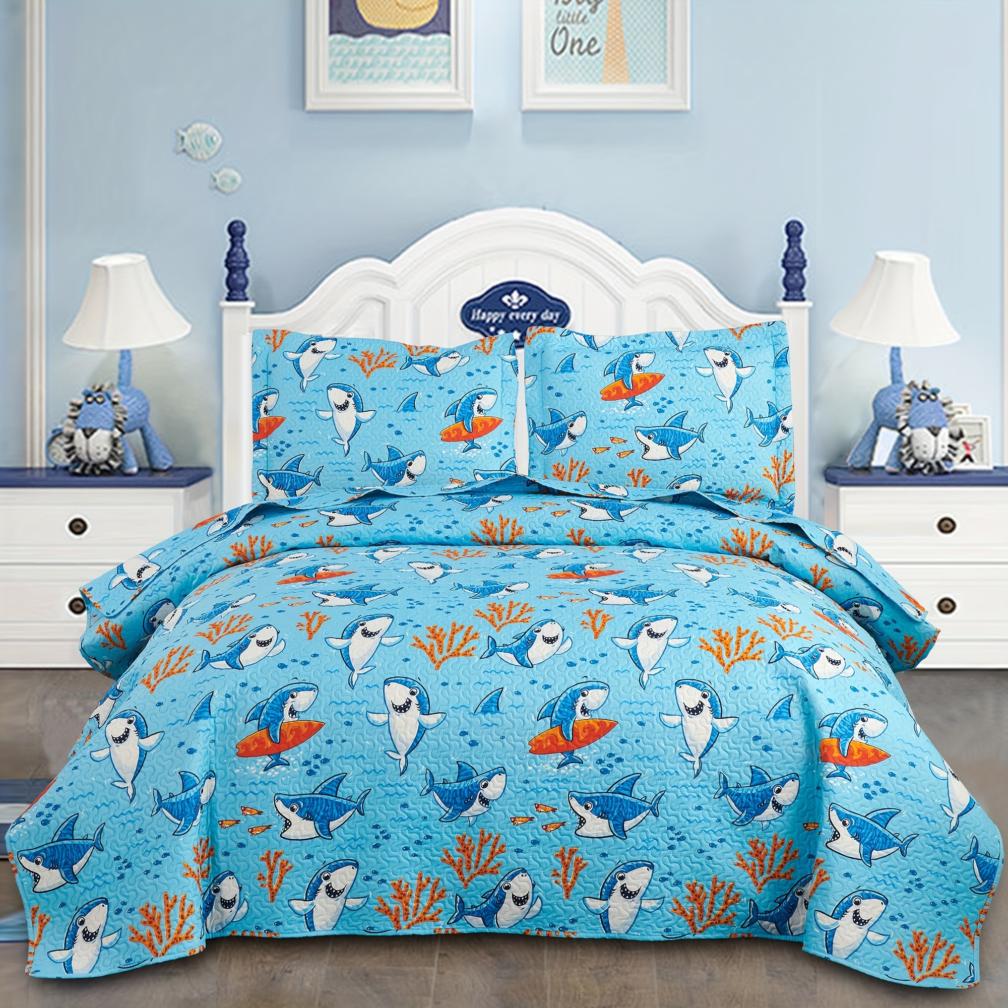 

Beach Bedding Shark Cartoon Style Quilt Set Shark Bedding Summer Cool Lightweight Reversible Quilt Ocean Bedding Starfish Shark Quilt With Pillowcase