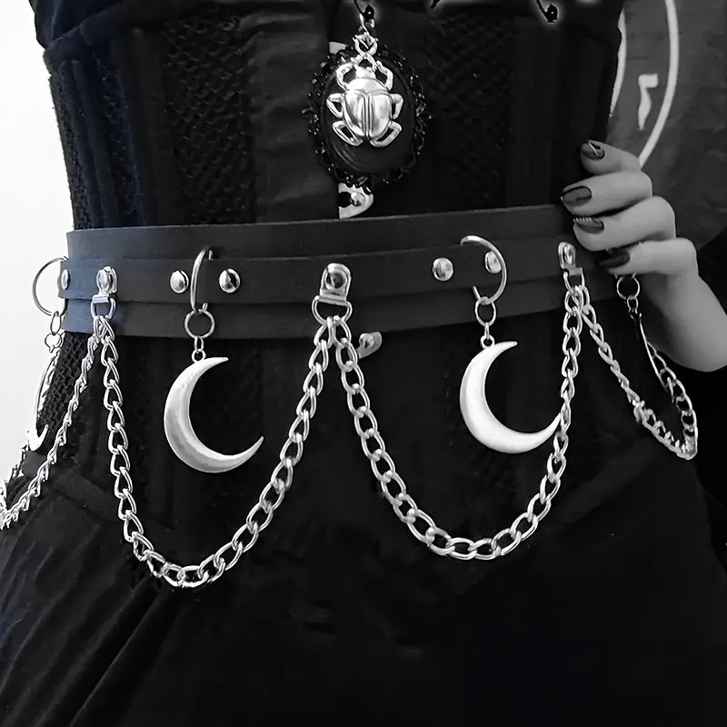 

1pc Women's Gothic Punk Belt Pendant Chain - Leather Waist For Casual , Rivet Detail, Non-washable, In Regular And Plus Sizes