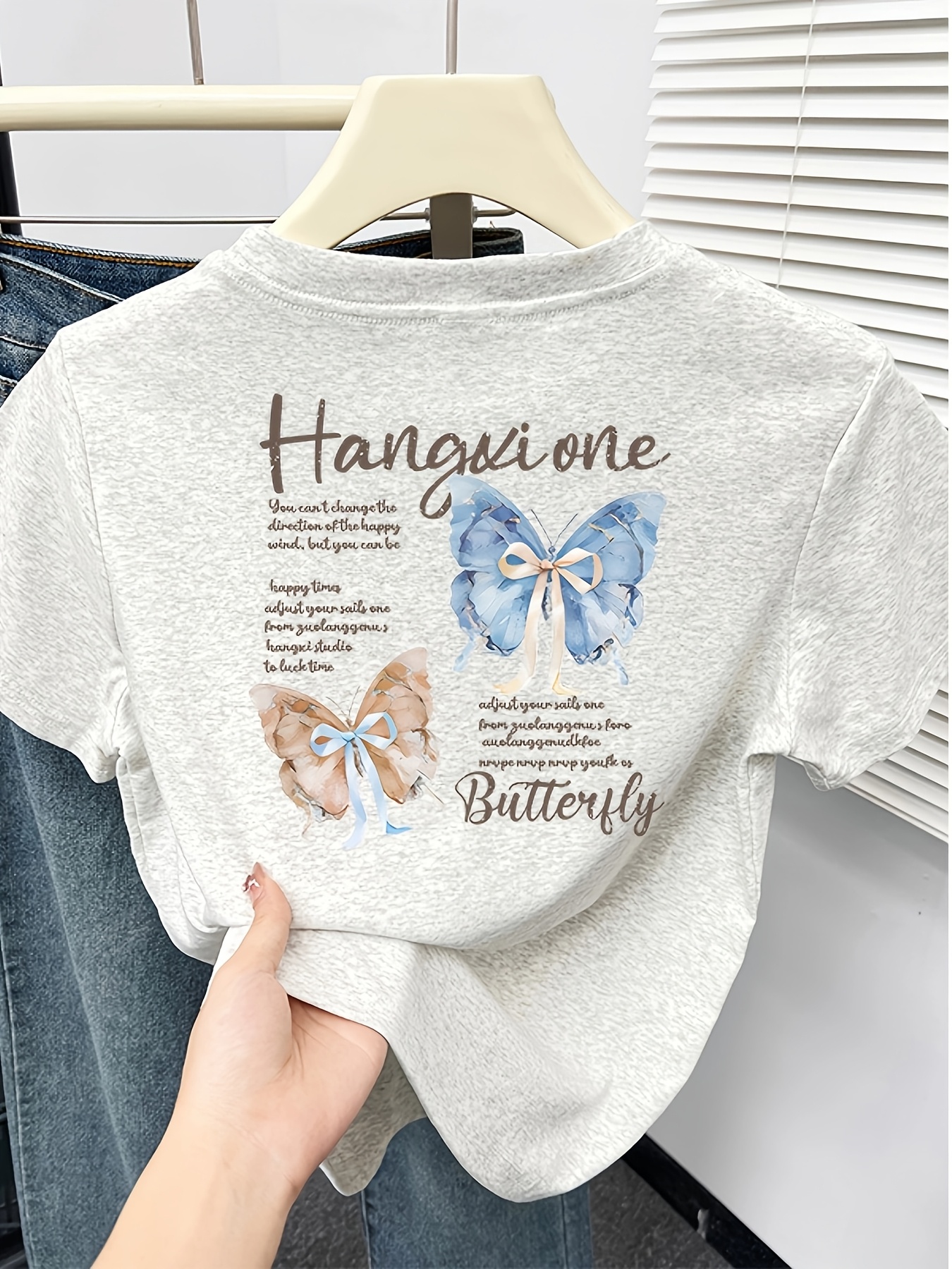 womens   fit   print t shirt hangin   with blue brown butterflies casual short sleeve top for spring summer   shirt Product details 0
