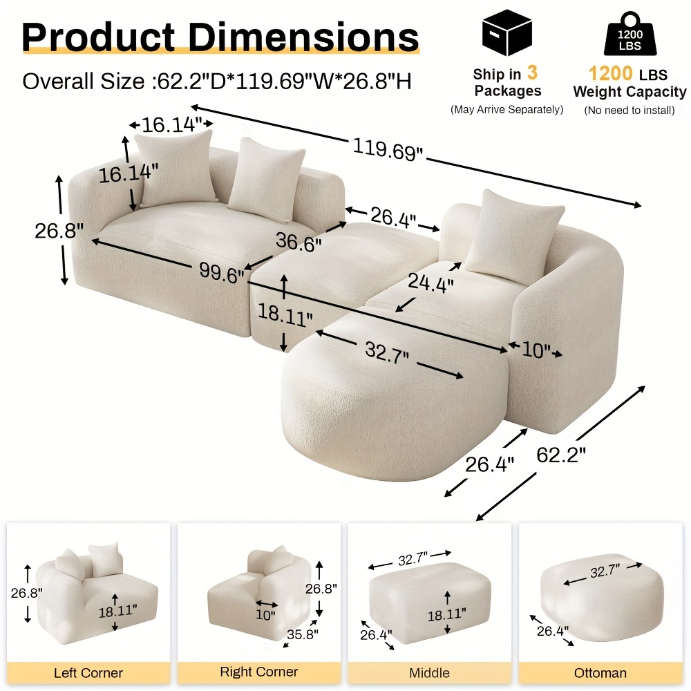 Boneless Cloud Couch Sectional, Modern Curved Back L Shape Modular Sofa with Ottoman Comfy Deep Seat Memory Foam Chenille Luxury Couches for Living Room, No Assembly Required