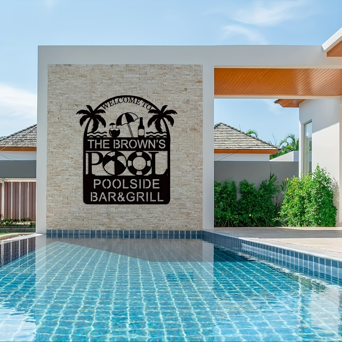 pool sign outdoor decor, personalized metal sign - custom poolside outdoor decor for backyard, porch, deck - housewarming gift for family &   - large palm tree & beer design 0