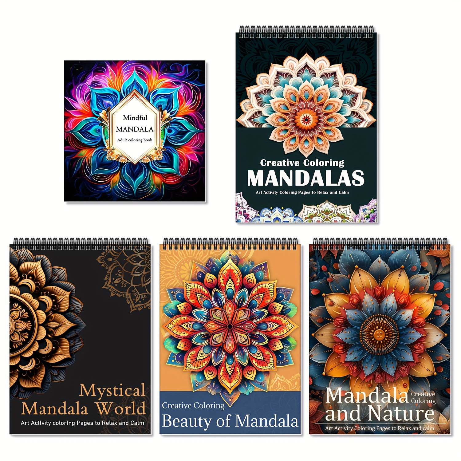 Image of Set Of 5 Adult Coloring Books - Mandala Designs For Relaxation And Stress Relief | Size: 11.2x8.2 Inches, Spiral Binding, Pages Printed On | For Grown-ups | Mindfulness Coloring Book
