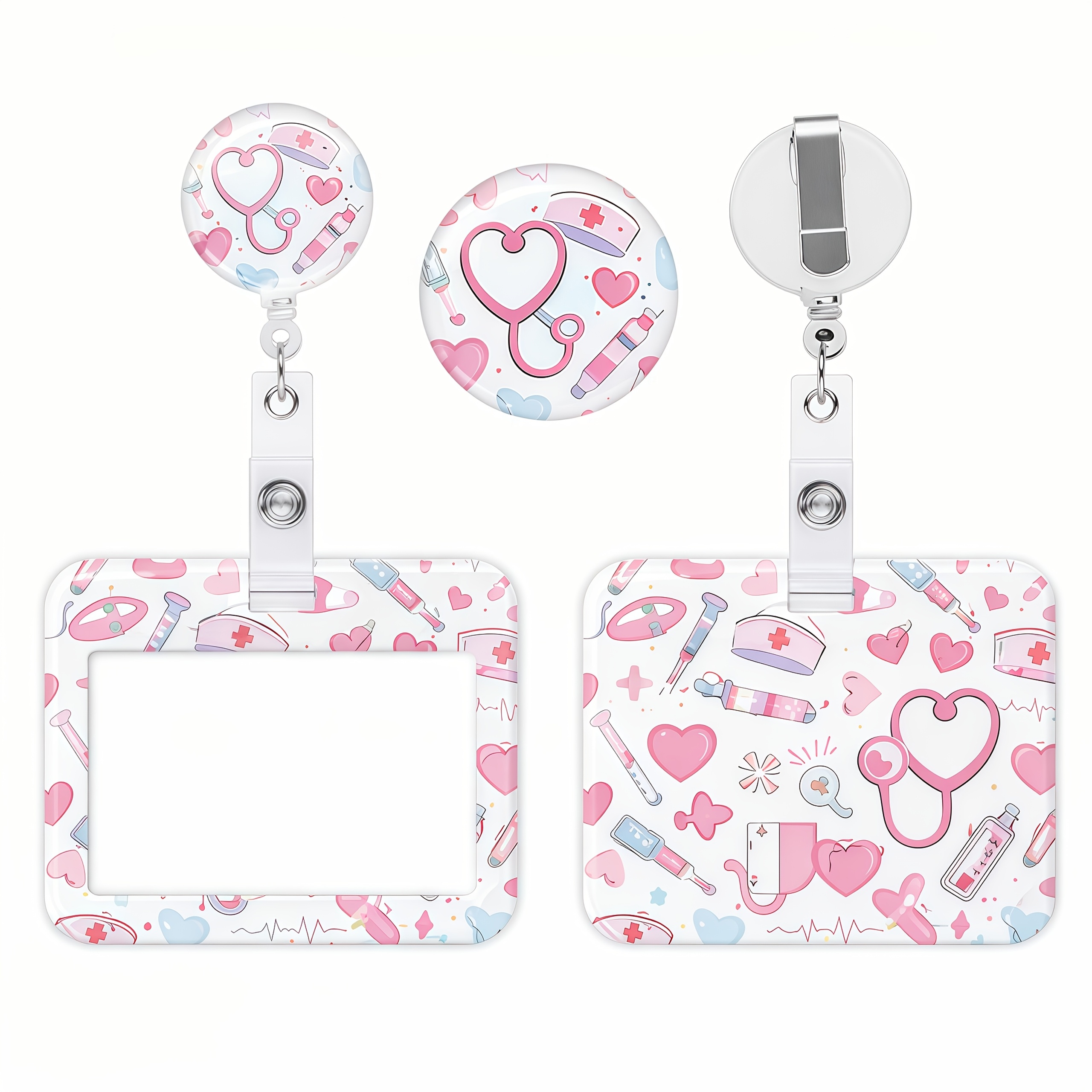 Image of 2d [] Medical Worker Id Card Holder - Durable Pp Material, Pink Medical Theme Design, Stethoscope Pattern, Detachable Lanyard And Card Protector, Ideal For Medical Professionals, Id Card Lanyard