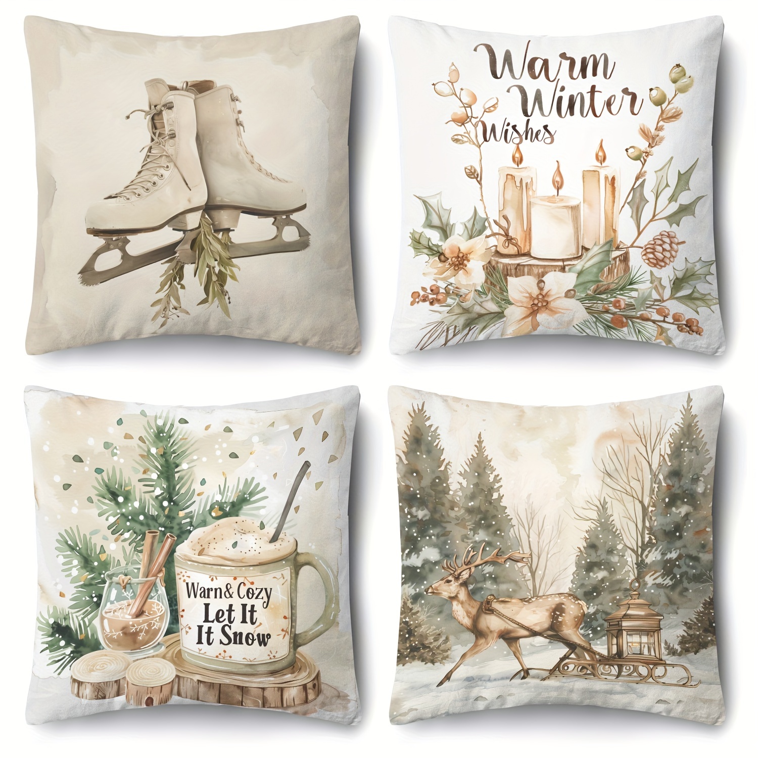 TEMU Modern Christmas Decor Set - 4pcs Soft White Fabric Cushions With Festive Tree Designs, Zip Closure, Machine Washable - Perfect For Living Room,